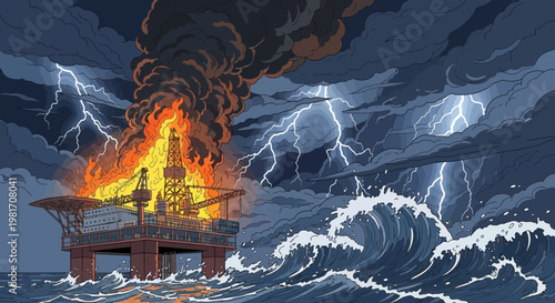 Burning oil rig engulfed in storm with lightning strikes and rough seas