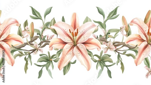 A seamless pattern of pink lilies intertwined with green leaves on a white background, creating symmetry