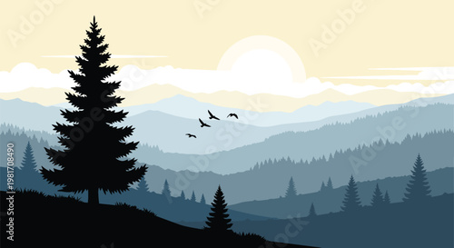 Serene mountain landscape with silhouetted trees and flying birds at sunset