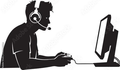 Competitive Esports Player Silhouette, Gaming Black Vector Isolated on White Background.