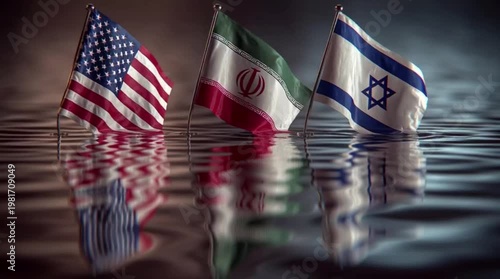 Flags of USA, Iran, and Israel standing in dark rippling water symbolizing geopolitical conflict