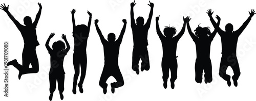 Silhouettes of joyful people jumping with arms raised in celebration