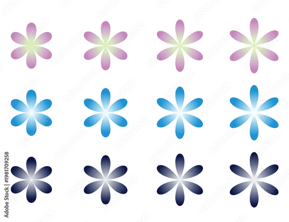 Obraz premium Gradient flower icons in pink blue purple hues with gradient decorative collection botanical illustration abstract decoration creative