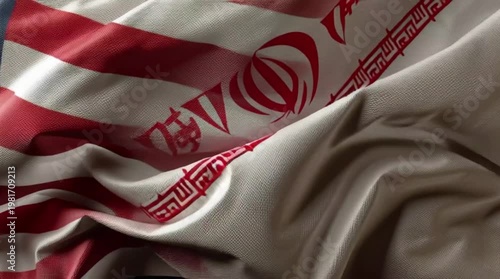 Waving flags of the United States and Iran overlapping in geopolitical conflict