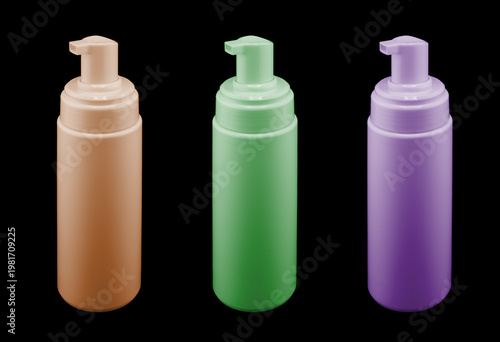 Three color Plastic blank bottle isolated on black background. Plastic bottle isolated with clipping path. Empty space for text