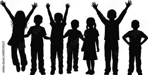 Group silhouette of children celebrating with arms raised in joy