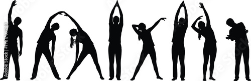 Silhouettes of people stretching and exercising in various poses