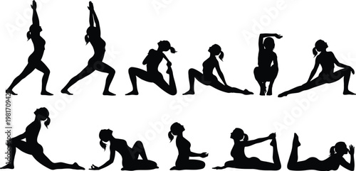 Yoga silhouettes a sequence of poses for fitness and wellbeing