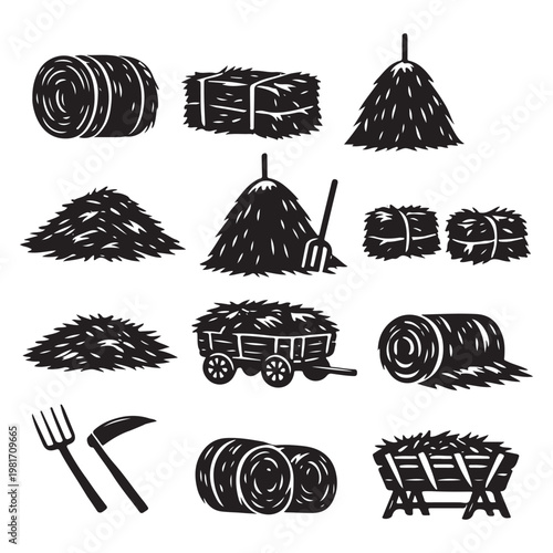 Agricultural hay and straw icons vector