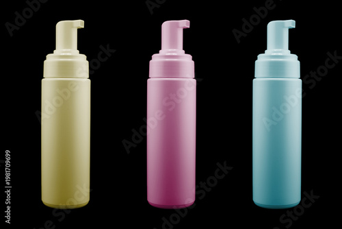 Three color Plastic blank bottle isolated on black background. Plastic bottle isolated with clipping path. Empty space for text