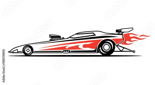 Powerful Drag Racing Car Illustration with Fiery Exhaust Flames, Fast Speed Sport Vehicle Vector Graphic