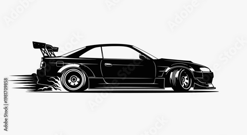 Dynamic black sports car illustration drifting with smoke and speed blur, side profile, performance vehicle concept vector graphic.