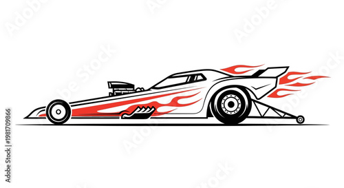 Dynamic Drag Racing Car Illustration with Red Flames, Exposed Engine, and Large Rear Wheels. Speed Sport Vehicle Concept.