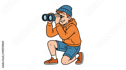 Cartoon young man in orange hoodie kneeling and looking through binoculars