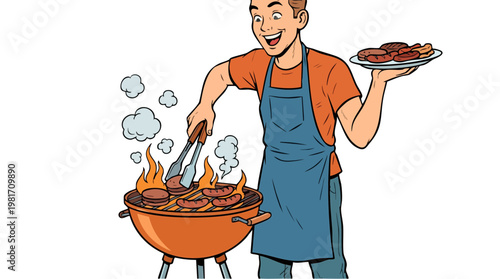 Young Man Grilling Burgers and Sausages on Backyard BBQ Grill