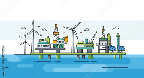 Offshore Energy Platform: Wind Turbines, Oil Rigs, Solar Panels, and Industrial Buildings