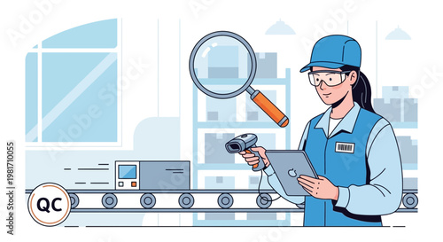 Quality Control Inspector with Scanner and Tablet at Factory Conveyor Belt