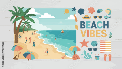Beach, summer, vacation, travel, vector icons, Beach Vibes theme, colorful illustrations, tropical getaway