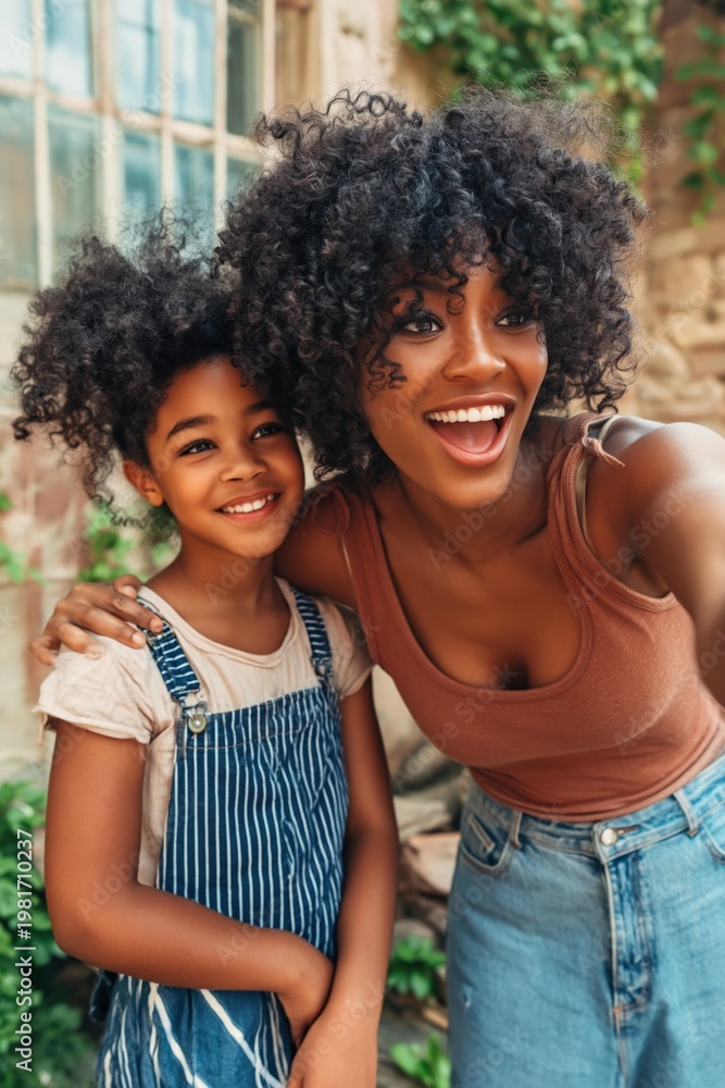 Fototapeta premium Woman and child posing together smiling in garden setting