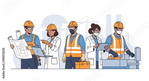 Diverse team of engineers and scientists collaborating on industrial project