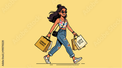 Stylish young woman walking with shopping bags in urban fashion
