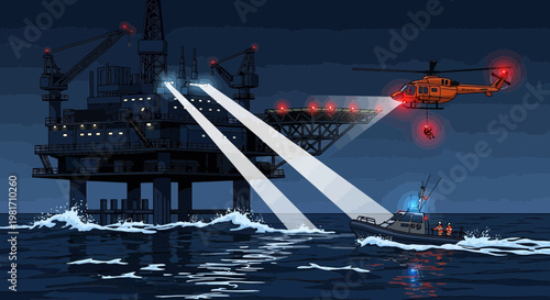 Oil Rig Operation: Helicopter and Boat at Night, Digital Art