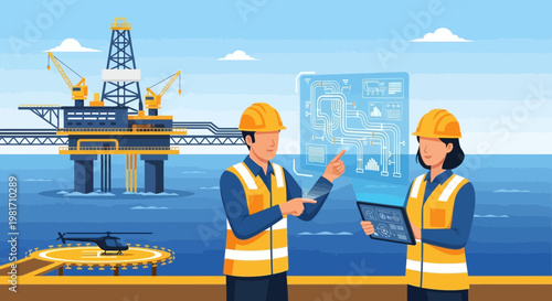 Oil Rig Engineers Discussing Project on Holographic Display and Tablet