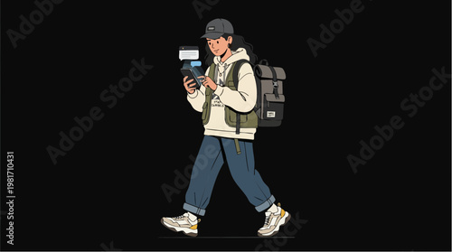 Trendy Girl Walking with Backpack and Smartphone Illustration
