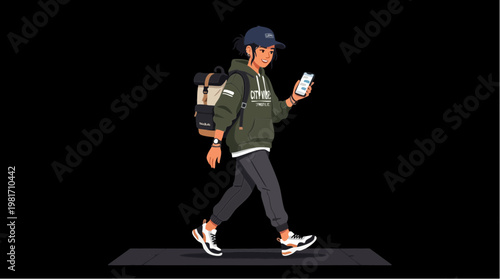Trendy Young Woman Walking with Backpack and Smartphone