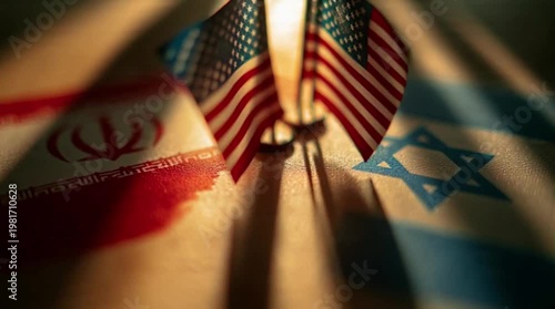 Miniature USA flags pinned on map with Iran and Israel symbols illustrating Middle East geopolitical conflict
