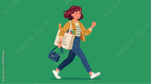 Young Woman Walking Home with Grocery Bags Illustration