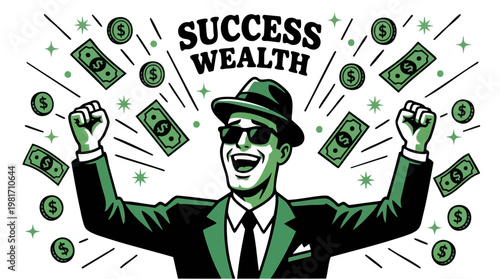 Successful Businessman Celebrating Wealth with Falling Money