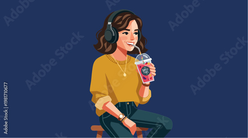Trendy Young Woman with Headphones Sipping Smoothie Illustration
