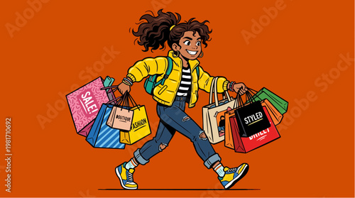 Enthusiastic Girl Carrying Many Shopping Bags After a Successful Sale