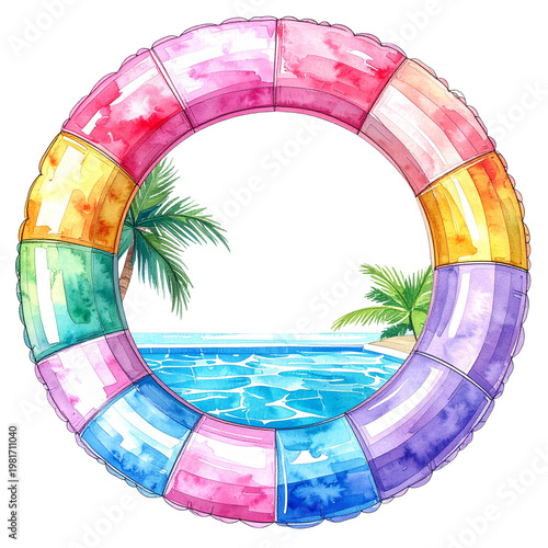 Colorful Lifebuoy Frame Beside Tropical Beach and Pool Scene
