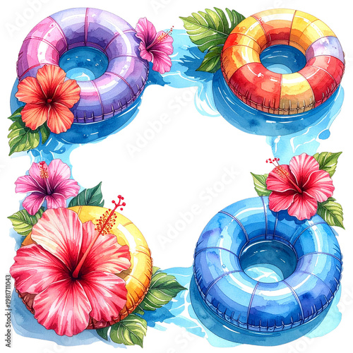 Colorful Pool Floats Surrounded by Tropical Flowers and Leaves