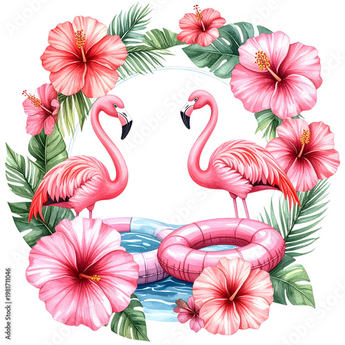 Tropical Flamingo Scene with Hibiscus Flowers and Pool Accessories