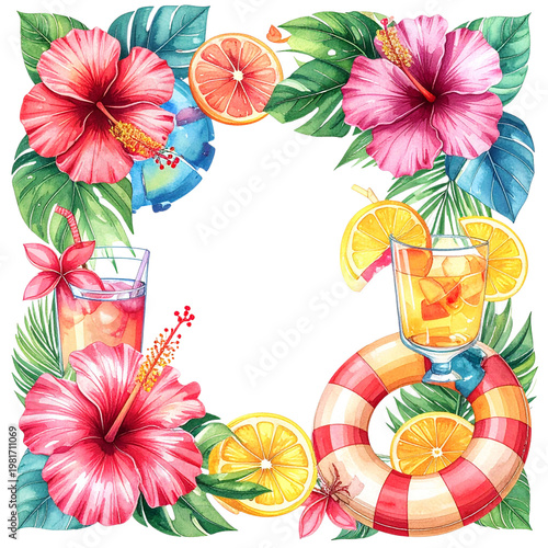 Tropical Floral Frame with Hibiscus and Refreshing Drinks