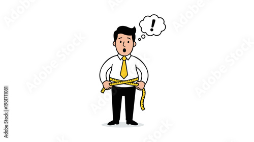 Cartoon Man Measuring His Waist with Yellow Tape Measure