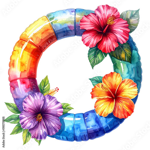 Vibrant Watercolor Floral Wreath with Hibiscus and Tropical Colors