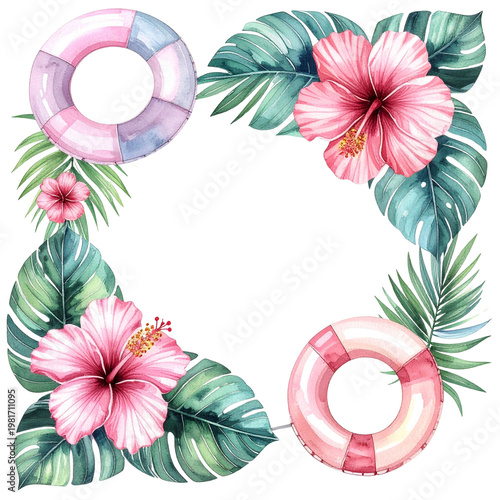 Tropical Summer Frame with Hibiscus Flowers and Lifebuoys Design