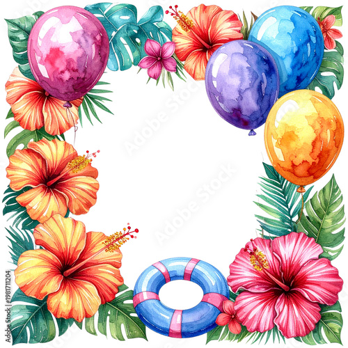 Bright Tropical Frame with Flowers and Colorful Balloons for Use