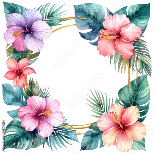 Vibrant Floral Frame Design with Tropical Hibiscus and Leaves