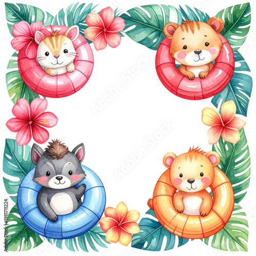Cute Animal Characters in Floaties Surrounded by Tropical Leaves