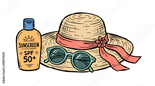 Summer beauty essentials with straw hat and sunscreen vector