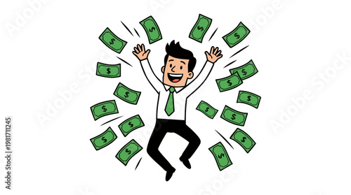 Cartoon Businessman Celebrating Success with Falling Money