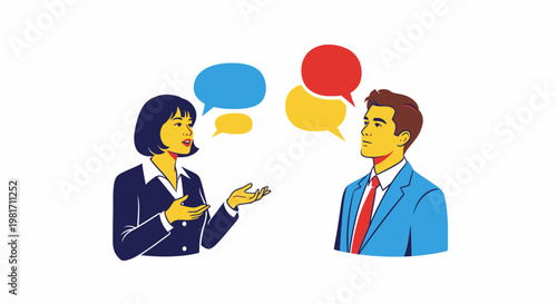 Business People Having a Professional Conversation Vector Illustration with Colorful Speech Bubbles for Communication and Corporate Dialogue Concepts