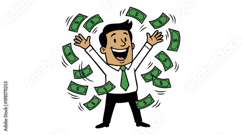 Happy Businessman Celebrating Financial Success with Falling Money