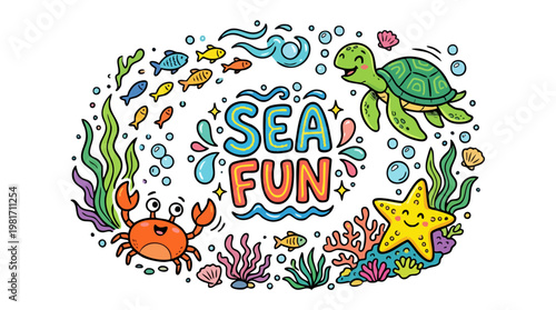 Playful Ocean Life Doodle with Sea Fun Typography