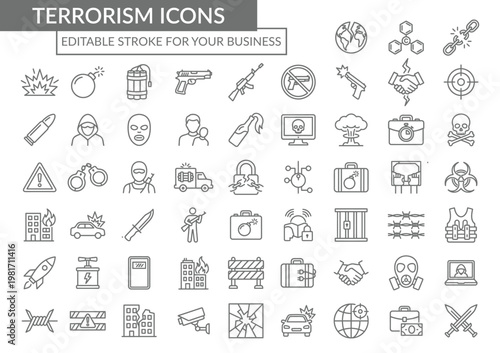 Set of terrorism icons editable stroke for business collection on white background flat design vector illustration.